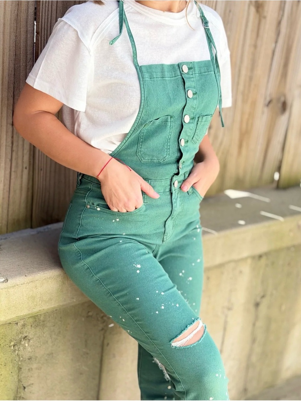 easel Green Button-Front Denim Jumpsuit with Tie Straps
